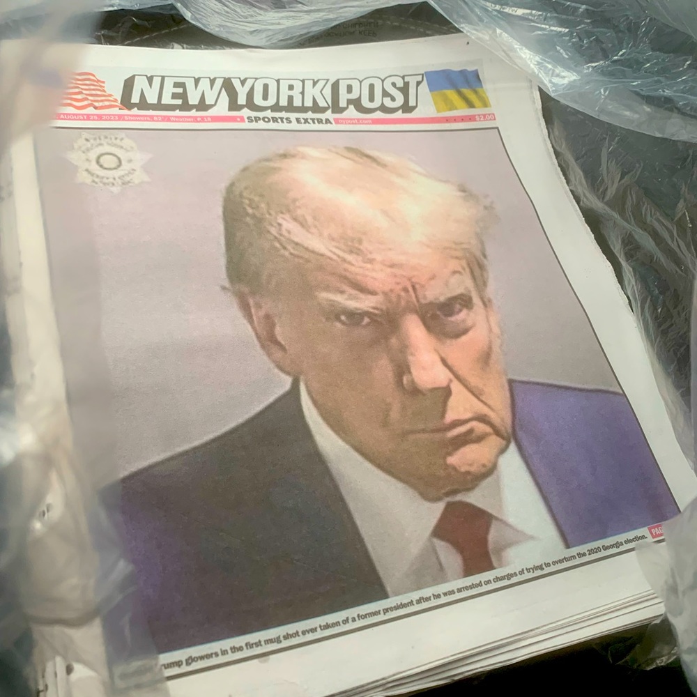 Donald Trumps Mugshot! New York Post mug shot full Newspaper hung in White House